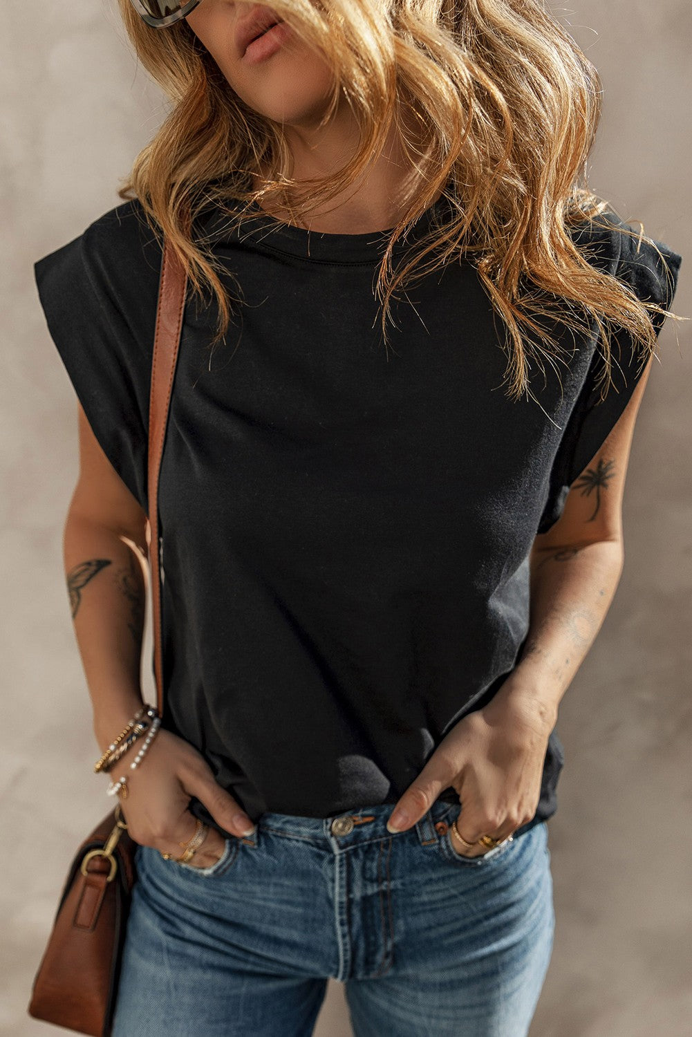 Black Cuffed Armhole Loose Top