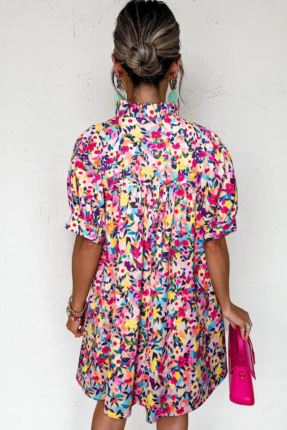 Pink Floral Puff Short Sleeve Dress