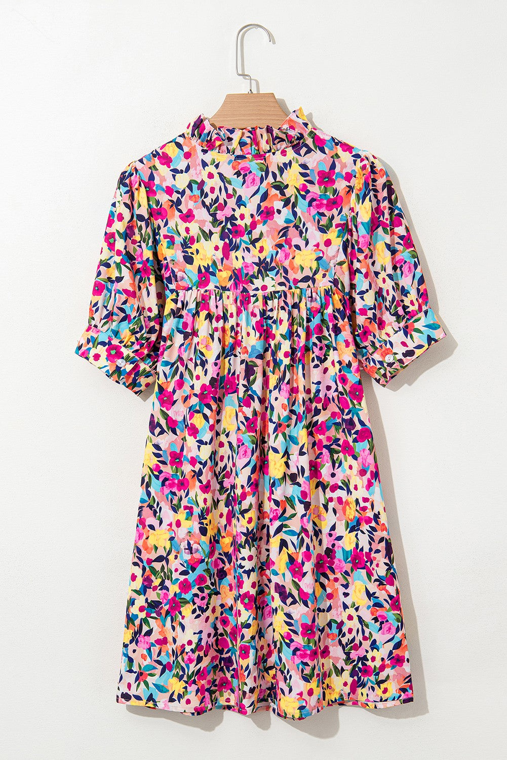 Pink Floral Puff Short Sleeve Dress