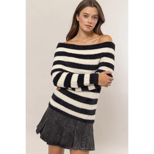 Cold Shoulder Striped Sweater