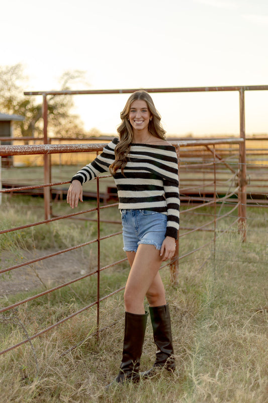 Cold Shoulder Striped Sweater