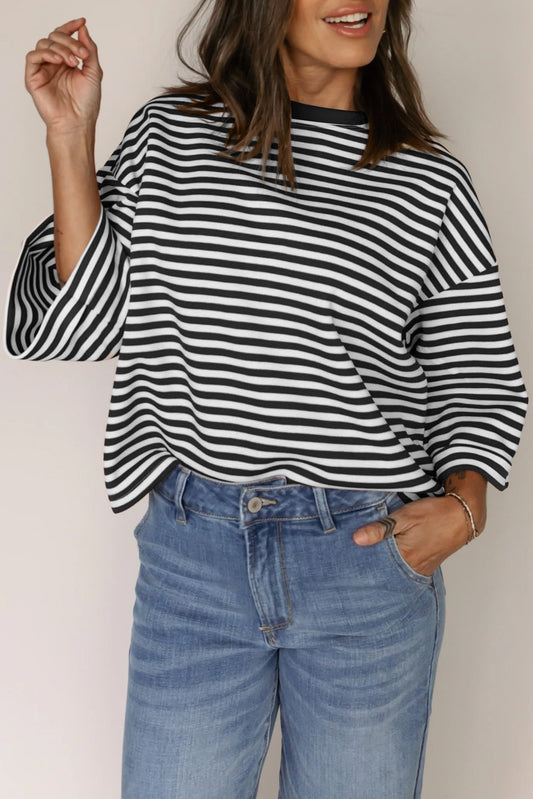 Black Stripe Bowknot Cutout Loose Tee