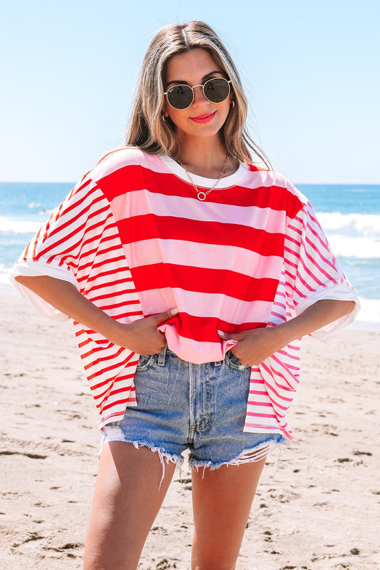 Pink Stripe Patchwork Loose T Shirt