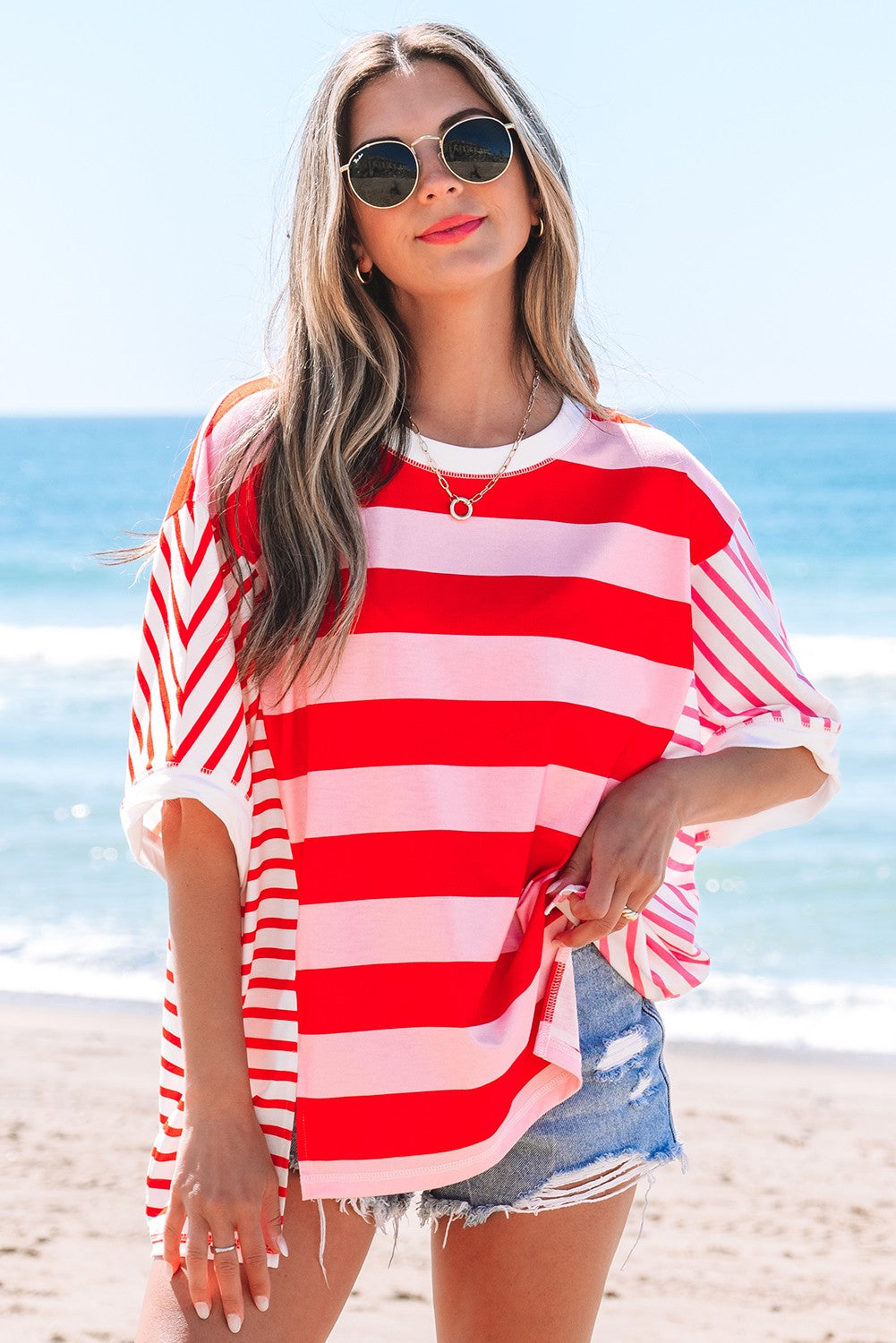 Pink Stripe Patchwork Loose T Shirt