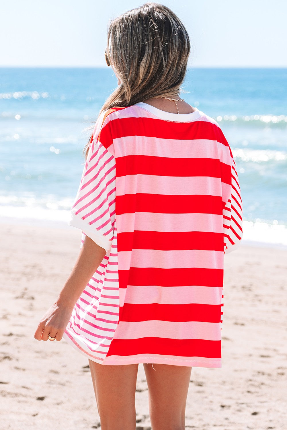 Pink Stripe Patchwork Loose T Shirt